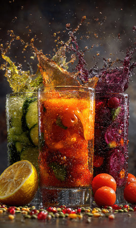 Three glasses of juice, each with a vibrant color, are captured mid-splash against a dark backdrop. The composition features vivid hues of orange, green, and purple, indicating different fruits and vegetables. The lighting is focused, highlighting the details and textures, perfect for editorial and commercial projects.の素材
