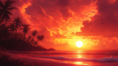 A striking sunset scene features a beach and ocean setting with silhouetted palm trees. The sky is dominated by intense red and orange hues, creating a warm, inviting atmosphere. The composition emphasizes the contrast between light and dark, suggesting potential use for travel or environmental themes.の素材