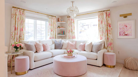 This living room showcases a bright and airy interior with a large sectional sofa. The room features pink and white color tones with floral curtains. Natural light streams in. This image is suitable for use in design, home decor, and lifestyle publications, as well as for advertising purposes.の素材