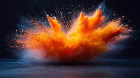 An image showcases an explosion of vibrant orange powder, creating a dynamic cloud against a dark backdrop. The texture suggests a cloud of fine particles with wisps of white smoke. This visual effect, with its dramatic lighting and composition, is suitable for commercial and editorial applications, emphasizing energy and impact.の素材