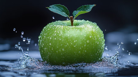 A close-up photograph displays a vibrant green apple with water droplets and small leaves on top. The fruit is centrally positioned against a dark backdrop. The image utilizes selective focus, highlighting texture and creating a sense of freshness and vitality. This versatile image could be used for various promotional and advertising purposes.の素材