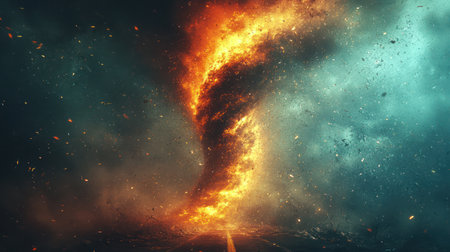 An illustration depicts a swirling tornado composed of fire and smoke dominating a celestial backdrop. The artwork features vibrant oranges and yellows against a teal and dark blue atmosphere. The dynamic composition and dramatic lighting suggest potential use in science fiction, fantasy projects, or visual storytelling.の素材