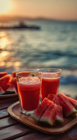 Two glasses of vibrant red watermelon juice sit on a wooden tray alongside fresh slices. The composition is set outdoors with soft focus, natural lighting highlighting the color and texture. The image suggests summer enjoyment, suitable for healthy lifestyle promotion or culinary content.の素材
