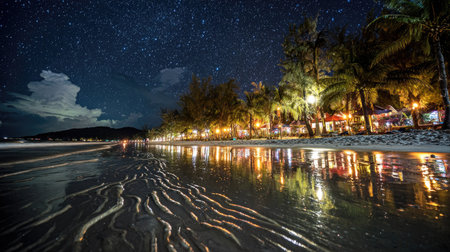 A tranquil beach scene unfolds under a starlit night. The water reflects the lights from the shore, creating a shimmering effect. Silhouetted trees and structures line the coast. This image is suitable for various commercial uses, including travel, nature, and background visuals.の素材