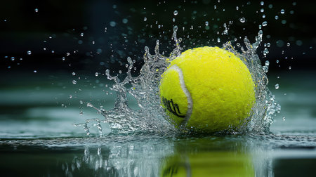 A vibrant yellow tennis ball is captured mid-splash as it impacts water. The image displays dynamic movement with droplets scattering outwards. The close-up view highlights textural details. The composition suggests an outdoor environment, possibly a court. Suitable for sports-related projects and visual storytelling, this image could be used commercially.の素材
