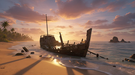 An aged shipwreck rests on a sandy beach under a warm, colorful sky. The composition shows the hull in partial ruin, waves gently lapping at the shore. The image features a vibrant palette with golden hues, creating a serene ambiance suitable for various editorial and commercial projects.の素材
