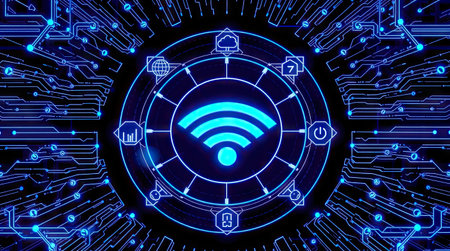 An artistic digital representation showcases a central glowing WiFi symbol surrounded by interconnected circuit board patterns. The composition features a blue and black color scheme with intricate details suggesting a technology or network-focused environment. This image is suitable for illustrating concepts in technology, communications, or digital infrastructure and is applicable for various commercial projects.の素材