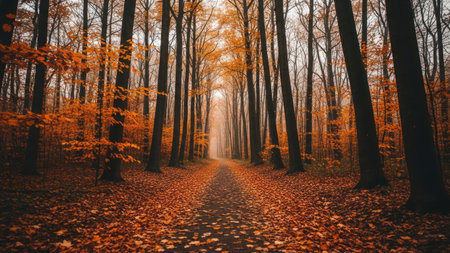 A forest path is flanked by tall, dark trees, creating a perspective that leads to a misty distance. The scene is dominated by warm autumnal colors, with golden and reddish leaves blanketing the ground and adorning the branches. This image is suitable for various commercial and editorial applications, emphasizing the beauty of nature.の素材