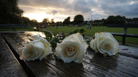 Three white roses rest on a wet, wooden table with an out-of-focus park setting behind. The image displays a shallow depth of field, highlighting the roses against a blurred backdrop. It features natural lighting with a soft gradient of colors, creating a somber mood. This photo could be used in various commercial or editorial contexts.の素材