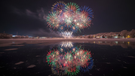 A vibrant fireworks display illuminates the night sky, reflected in the calm water below. The image features a composition of various colors and textures. It is an outdoor scene, likely at night, showcasing the festive explosions. Suitable for commercial or editorial applications.の素材