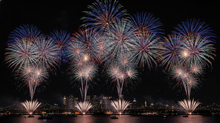 An aerial display of fireworks explodes above a body of water during nighttime. The vibrant bursts of light showcase a variety of colors and patterns against a dark backdrop. The composition includes a city skyline in the distance, reflected in the calm water. The image is suitable for celebratory occasions and visual media.の素材