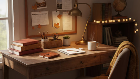 A well-lit interior scene presents a wooden desk with books, a lamp, and various stationery items. The warm color palette includes browns and oranges, with soft lighting enhancing the textures. The composition suggests an indoor setting suitable for creative or educational themes, ideal for illustrating content.の素材