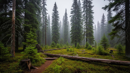 This image depicts a lush forest with tall evergreen trees dominating the composition. The scene showcases a variety of green hues, from the dark needles to the lighter undergrowth. The misty atmosphere suggests a serene and natural environment. This image could be used for various projects related to nature, travel, or environmental themes.の素材