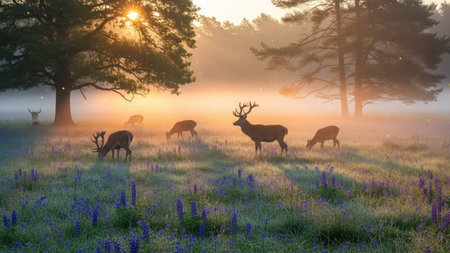 A herd of deer peacefully grazes in a field filled with mist. Warm sunlight streams through the trees, casting shadows and illuminating the landscape. The scene features various shades of green, brown, and blue, creating a tranquil atmosphere. This image is suitable for environmental, wildlife, or nature-related projects.の素材