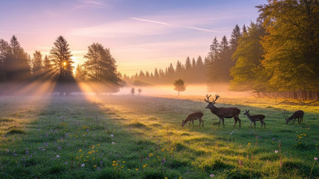 A deer family peacefully grazes in a lush green meadow bathed in the soft light of sunrise. The scene features a misty atmosphere with tall trees in the background and sunlight beams. This natural landscape could be utilized in various commercial projects, including editorial content and promotional materials.の素材
