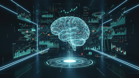 A digital brain model, rendered with luminous lines, dominates the image's center, signifying the interface of the brain with technology. The composition features a dark environment with charts and graphs on display screens, emitting a cool-toned light. The style suggests advanced technology and could be used for scientific, educational, or commercial materials.の素材