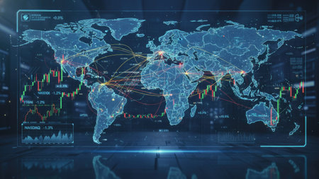 A digital representation displays a world map overlaid with connecting lines and data visualizations. The composition features a blue and black color scheme with a grid-like structure. The overall aesthetic suggests a technological or financial context with potential uses in presentations or infographics.の素材
