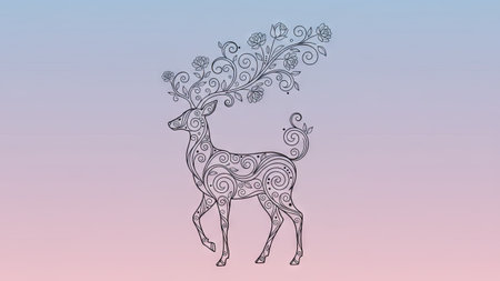 An illustrated deer with elaborate floral antlers stands prominently against a soft gradient background. The monochrome artwork showcases detailed patterns and swirls, emphasizing a stylized aesthetic. The image, with its elegant composition and visual harmony, is suitable for various design applications, potentially for decorative art or print purposes.の素材