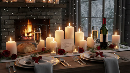 A festively set dinner table is presented indoors, featuring a warm fireplace as a backdrop. Numerous lit candles provide soft, warm illumination, highlighting the tableware, wine, and food. The composition emphasizes a cozy atmosphere, suggesting themes of celebrations and special events, suitable for various editorial and commercial applications.の素材