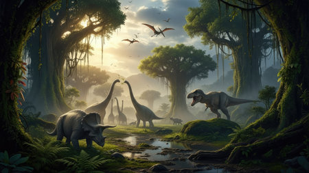 This image showcases various dinosaurs in a prehistoric forest setting. The scene is illuminated by sunlight filtering through the trees, creating a vibrant display of colors and shadows. The composition and style suggest it could be used for educational materials, illustrations, or projects related to paleontology.の素材