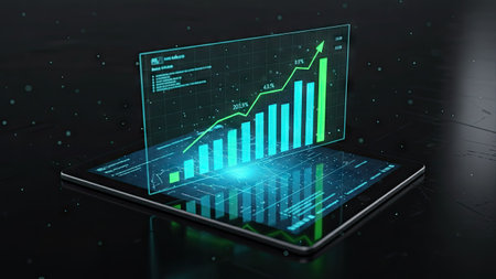 A digital tablet displays a holographic financial graph with green and blue elements against a dark background. The composition shows a modern, tech-focused aesthetic. This image is suitable for illustrating concepts of technology, business, and finance, and can be used in various commercial applications.の素材