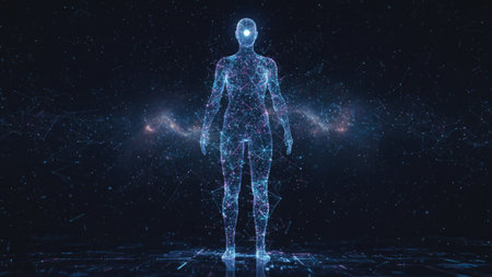 A digital representation of a human form is presented, constructed from interconnected points of light. The image features a blue color palette with highlights creating a futuristic style. It suggests a scientific or technological context, potentially for use in educational materials or abstract designs.の素材