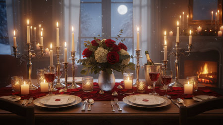 An intimate dinner table is set with candles and flowers creating a warm atmosphere. The image features a festive arrangement with soft lighting and a touch of romance. This scene would be suitable for holiday promotions or editorial content related to celebrations or events.の素材