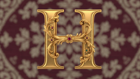 An elaborate golden letter H is presented against a patterned backdrop. The letter features intricate floral embellishments and a gemstone. The composition showcases a rich color palette with gold and burgundy. This imagery might be suitable for editorial content or commercial projects focused on luxury and design.の素材