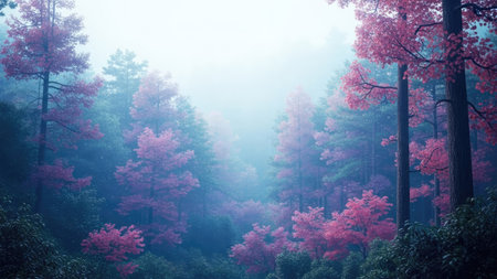 An image captures a tranquil forest landscape, showcasing trees with vibrant pink foliage. A soft, hazy atmosphere permeates the scene, suggesting a misty or foggy environment. The composition utilizes a variety of colors, primarily blues and pinks. This image is suitable for various commercial uses, including artistic designs.の素材