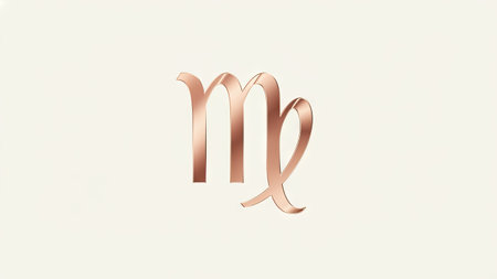 The image showcases the Virgo astrological symbol rendered in a rose gold color against a soft cream backdrop. The design appears smooth with subtle highlights creating a modern aesthetic. Suitable for various design uses, including digital media and print applications, it presents a clean and stylish visual.の素材