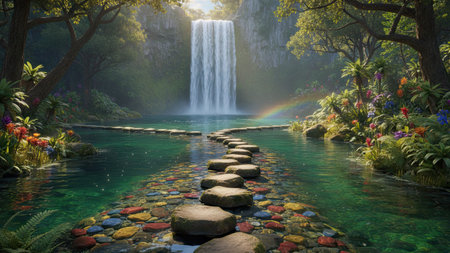 A vibrant image depicts a scenic waterfall cascading into a clear pool. A stone pathway leads towards the falls, surrounded by colorful pebbles and flourishing vegetation. The artwork features rich colors, soft textures, and a natural, inviting atmosphere. Suitable for a range of commercial applications and visual projects.の素材