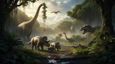 This image depicts various dinosaur species in a dense prehistoric forest environment. The composition features diverse dinosaurs, vibrant green foliage, and warm sunlight filtering through the trees. It showcases a natural setting, evoking a sense of ancient history. This image could be suitable for educational materials or illustrative purposes.の素材