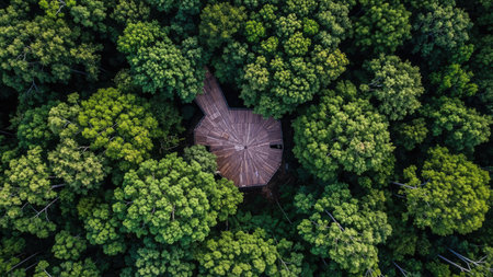 An overhead perspective reveals a circular structure amidst a dense forest. The image showcases vibrant green foliage illuminated by daylight. The composition highlights the contrasting textures of the structure and the surrounding trees, possibly suitable for editorial and commercial applications. The style emphasizes natural elements, potentially for environmental or travel-related themes.の素材