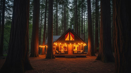 A wooden cabin stands illuminated amidst towering trees under the night sky. The image displays a warm glow emanating from the cabin, contrasting with the dark forest. The composition emphasizes depth, with a focus on natural textures and the interplay of light and shadow, suitable for various editorial and commercial projects.の素材