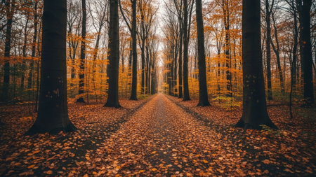 An autumn forest path is depicted, lined with tall trees displaying shades of brown and orange foliage. Fallen leaves cover the path and the ground, suggesting a serene outdoor environment. The warm lighting and composition offer potential for editorial and commercial applications.の素材