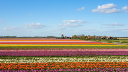 A vibrant landscape showcases rows of blooming tulips in various colors, creating a striped pattern. The scene includes a windmill and structures in the background under a blue sky. This image, with its bright colors and natural light, is suitable for commercial and editorial purposes.の素材