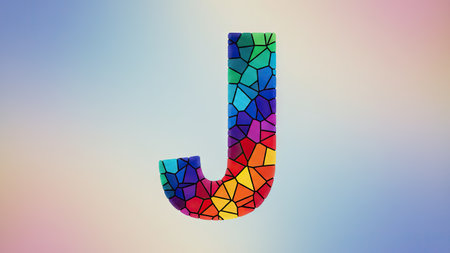 A vibrant letter J is displayed against a softly blurred background. The letter is constructed from a mosaic of colorful polygonal shapes. The image exhibits a high level of detail and artistic flair, likely suitable for decorative use. The composition could be useful in various commercial design projects and editorial content.の素材