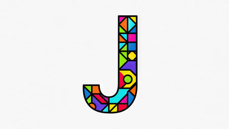 This digital illustration showcases a stylized letter J constructed from vibrant mosaic pieces. The design features a palette of bright colors and bold lines. The composition is set against a plain white background, providing a clean visual contrast. This image could be suitable for various design applications.の素材
