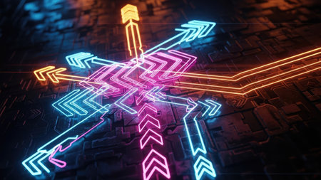 3D rendering of neon arrows in cyberspace. Technology conceptの素材