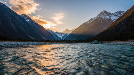 Mountain river in the mountains at sunset. Altai, Russiaの素材