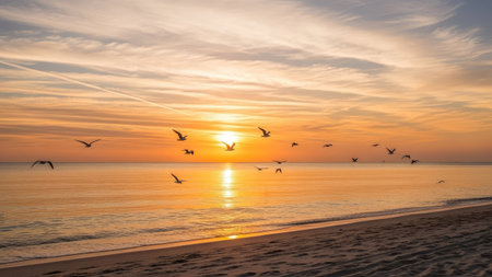 Seagulls flying over the sea at sunset. Nature composition.の素材