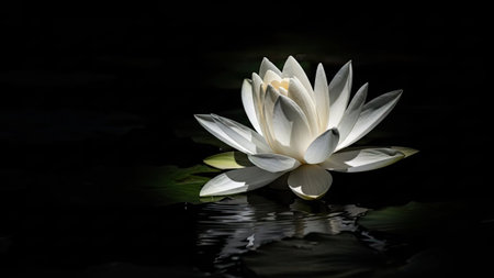 white lotus on a black background with water reflection in the waterの素材