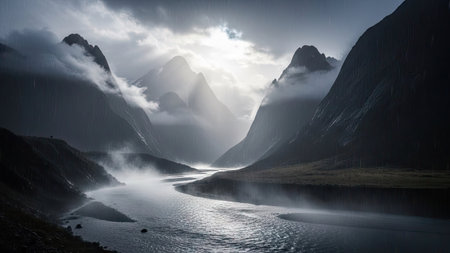 Panoramic view of the fjord and mountains in Norwayの素材