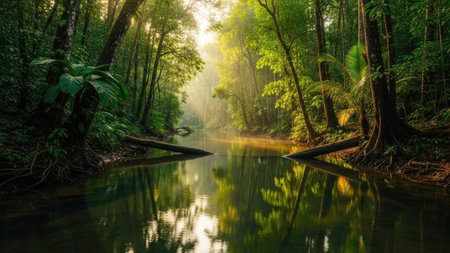 Tropical rain forest and river in the morning, Thailand.の素材