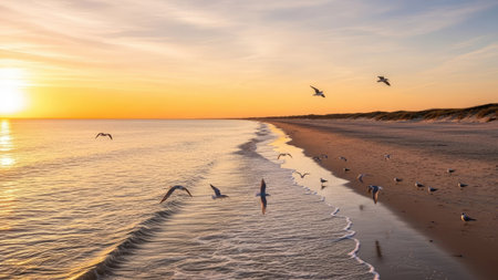 Seagulls flying over the Baltic Sea at sunset, Polandの素材