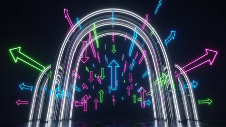 3D abstract background with neon lights. neon tunnel.space construction. 3d illustrationの素材