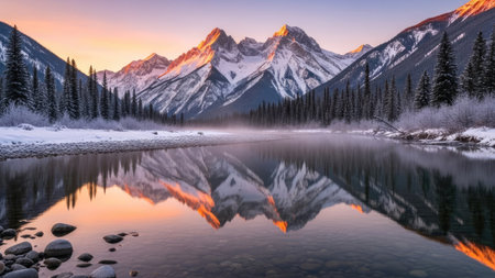 Sunrise at Banff national park, Alberta, Canada in winterの素材