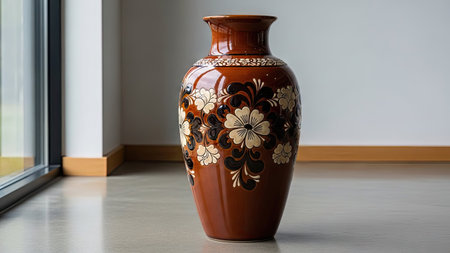 Ceramic vase with floral pattern on the floor at homeの素材