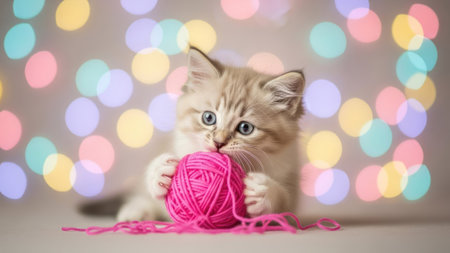 Cute little kitten playing with ball of yarn on bokeh backgroundの素材