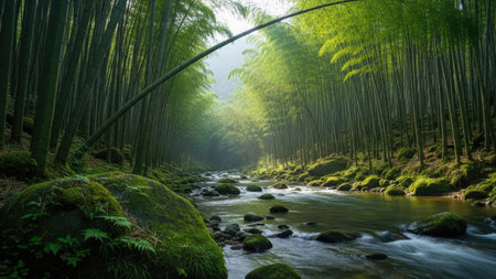 Bamboo forest and river in Arashiyama, Kyoto, Japanの素材